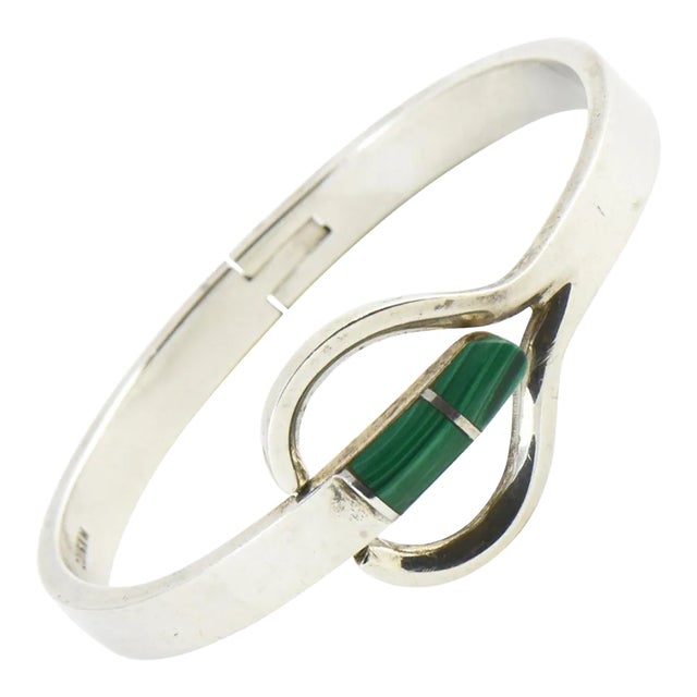 Modernist Malachite Sterling Silver Bangle Bracelet For Sale