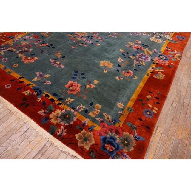 Blue Tranquil and Calming Light Blue Background With Warm Red Field and Magnificent Array of Multicolored Floral Motifs Antique Chinese Art Deco Rug For Sale - Image 8 of 15