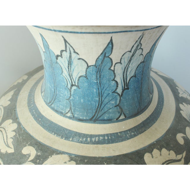 Ext. Lg hand painted vintage pottery Garden Urn, Found in Spain. We love it's trailing leaves and floral motif, with an...