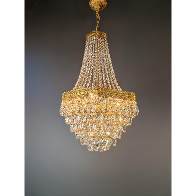 Pair of1950s Brass Empire Sac a Pearl Chandelier Crystal Lustre For Sale - Image 6 of 12