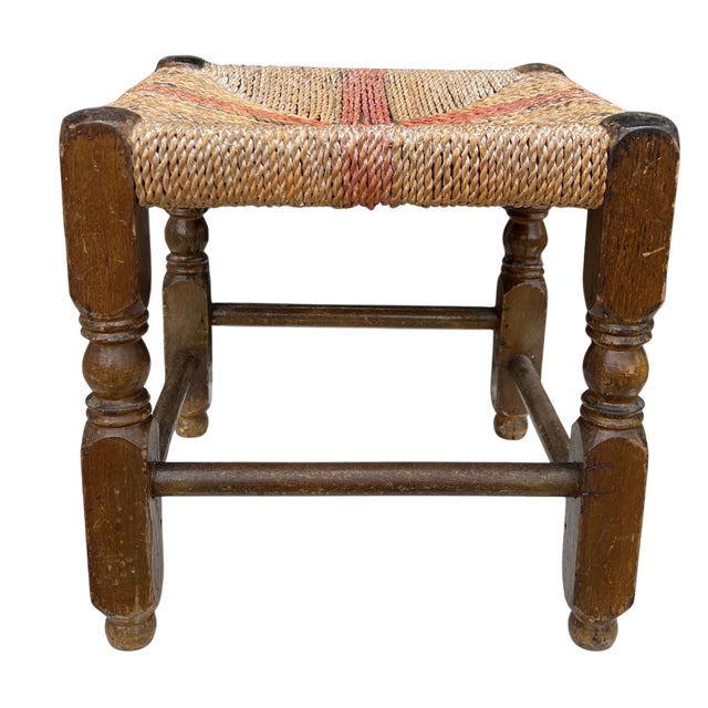 English 1940s English Country Oak and Rush Footstool For Sale - Image 3 of 6