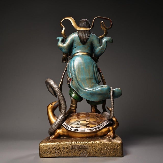 Asian Vintage Gilt Bronze Figure of Zhenwu Emperor on Tortoise and Snake For Sale - Image 3 of 10