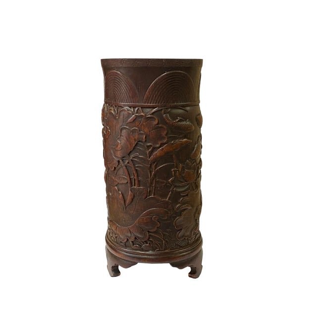 Chinese Bamboo Lotus Flower Leaves Carving Brush Pen Holder / Pot For Sale - Image 4 of 7
