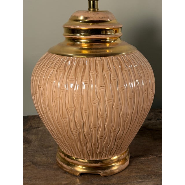 Champagne Vintage Ceramic Faux Bamboo Table Lamps With Gold Accents - A Pair For Sale - Image 8 of 10