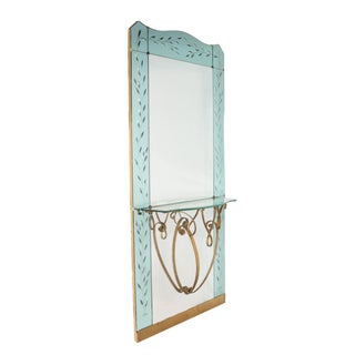 Green Hall Mirror With Etching and Brass Base, Circa 1950