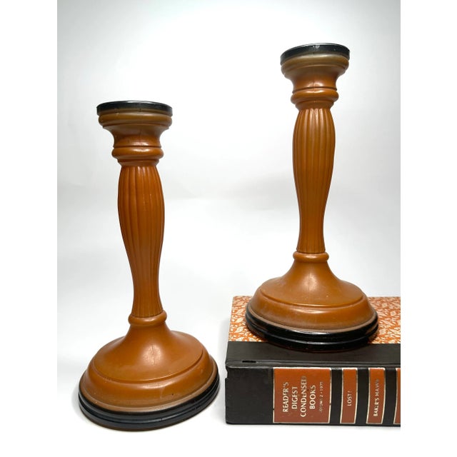 Orange Vintage Art Deco Orange & Black Czechoslovakian Glass Candlesticks, a Pair For Sale - Image 8 of 11