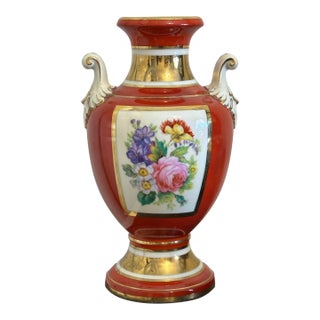 Vintage Noritake Red Porcelain Vase With Gilded Swan Handles – Japan, 1940s For Sale