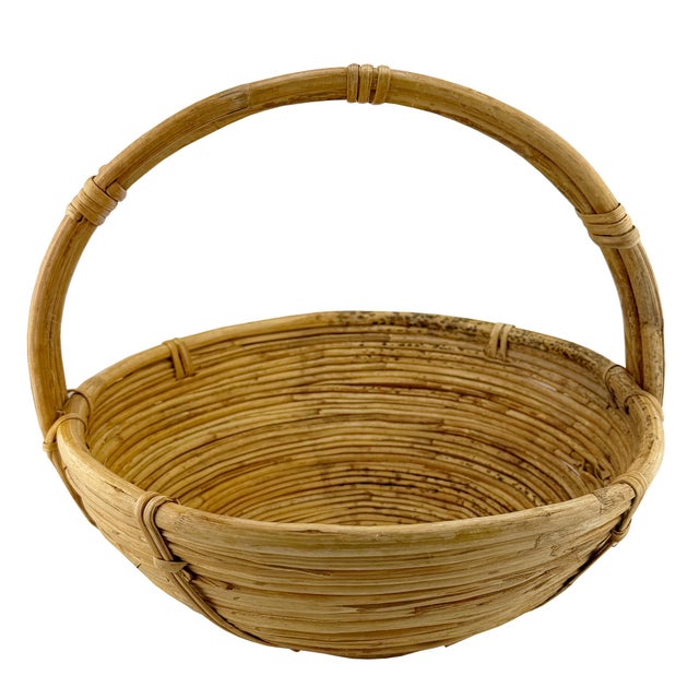 Wood Vintage Handwoven Pencil Reed Basket With Bentwood Handle After Crespi For Sale - Image 7 of 8
