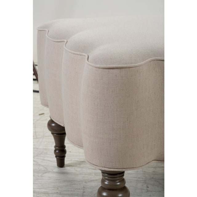Transitional Mirasol Scalloped Ottoman, CUSTOM FOR GREYHUNT INTERIORS Natural Linen w Sundance Contrast Welt For Sale - Image 3 of 6