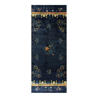 1920s Antique Traditional Floral Chinese Peking Hallway Runner Blue Knotted Rug For Sale