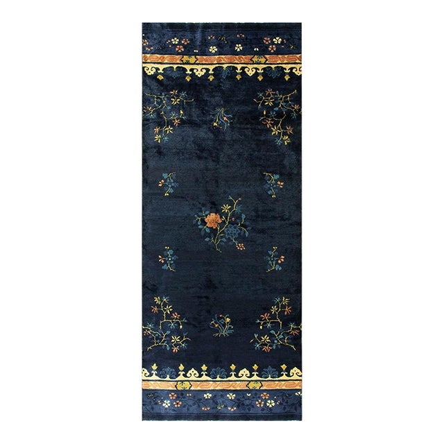 1920s Antique Traditional Floral Chinese Peking Hallway Runner Blue Knotted Rug For Sale