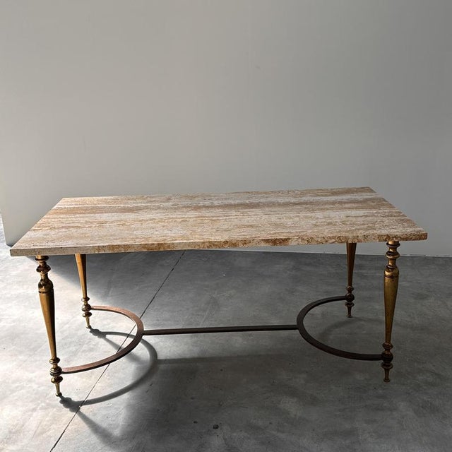 Cream Travertine Coffee Table with Brass Base, 1970s For Sale - Image 8 of 15