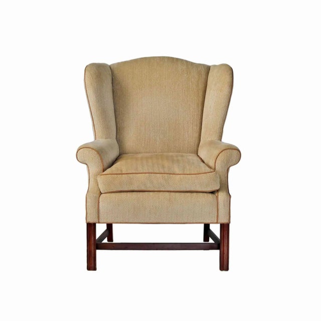Wingback Armchair With Custom Herringbone Upholstery For Sale - Image 4 of 8