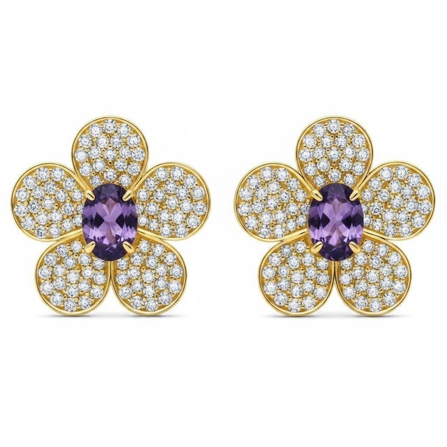 Fiver petal flower earrings studs with amethysts in 925 silver with gold plating over. Metal type: 925 silver with 14 gold...