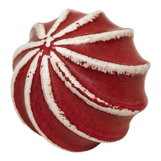 Vintage Red & White Embellished Carpet Ball Orb With Faceted Accents Sculptural Decorative Sphere For Sale