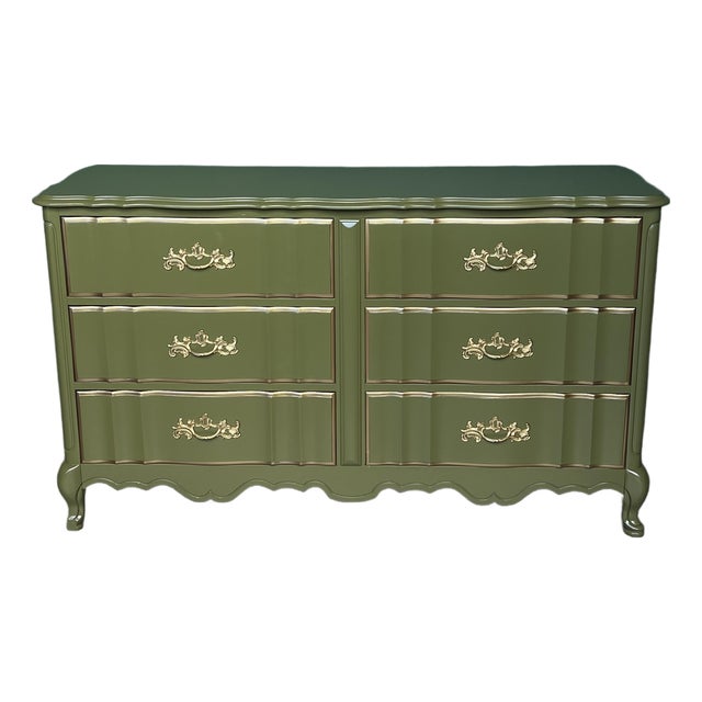 1970's French Provincial Olive Green Lacquered Dresser of Six Drawers For Sale