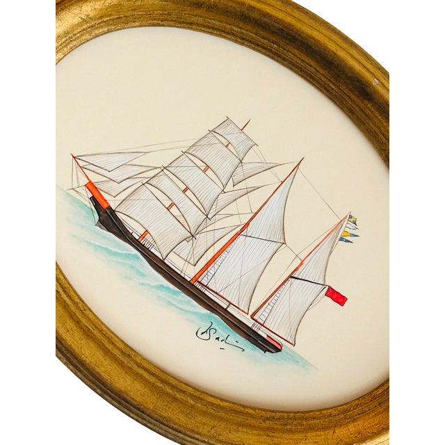 Nautical Original Hand-Painted Sailboat Painting in a Vintage Italian Frame For Sale - Image 3 of 4