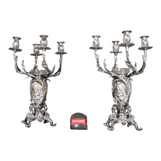 Pair of Signed Christofle Silver Plated Conch Shell Large Scale Candelabra For Sale