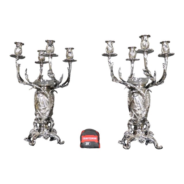 Pair of Signed Christofle Silver Plated Conch Shell Large Scale Candelabra For Sale