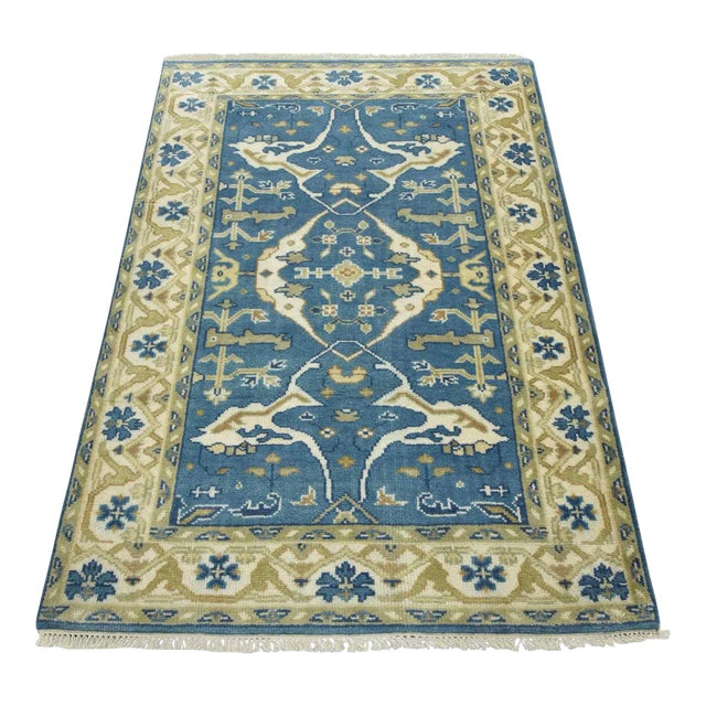 Oushak Rug 4’2” X 5’10” Blue Wool Tribal Hand-Knotted Oriental Carpet For Sale
