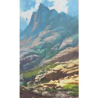At the Foot of Greatness by Judd Mercer | Gouache Landscape with a mountain and hikers For Sale
