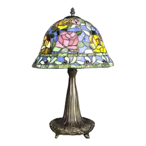 Mid-Century Art Nouveau Stained Glass Floral Tiffany Style Accent Lamp Bronze Base