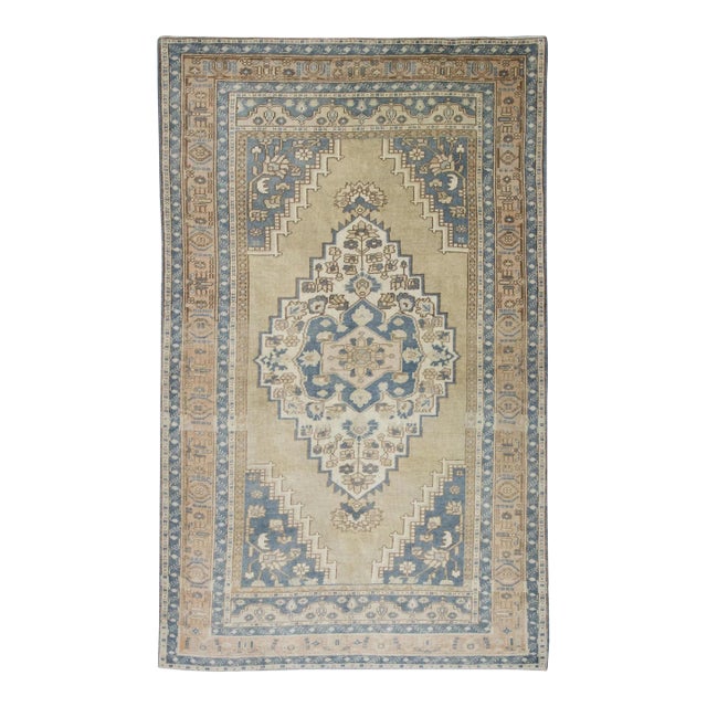 Blue & Brown Handwoven Vintage Turkish Rug 4'8" X 7'9" For Sale