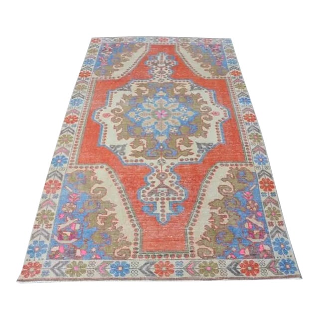 1960s Red and Blue Vintage Rug For Sale