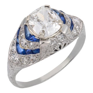 1930s Art Deco Gia 1.20 Carat Old Mine Cut Diamond Sapphire Platinum Engagement Ring, Size 8.5 For Sale