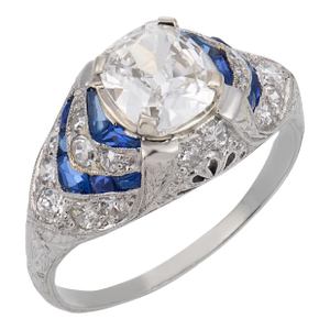 1930s Art Deco Gia 1.20 Carat Old Mine Cut Diamond Sapphire Platinum Engagement Ring, Size 8.5