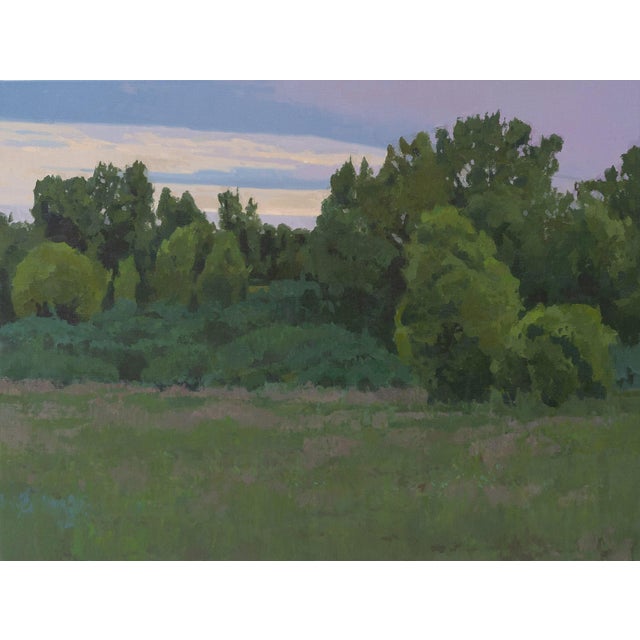 "Where Evening Rests" is an oil on canvas landscape painting by Michael Magrin, completed in 2026. A stand of trees...