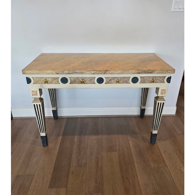 Neoclassical Gustavian Style Gilt Bronze Mounted Cream Painted Console Table With Marbelized Faux Marble For Sale - Image 18 of 18