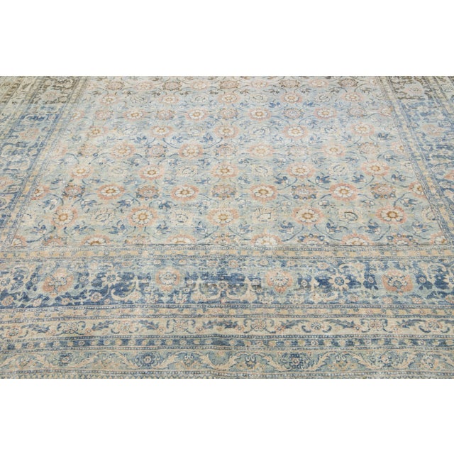 Traditional 19th Century Antique Persian Tabriz Wool Rug Handmade Blue With Floral Motif For Sale - Image 3 of 7