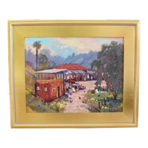 Silvio Silvestri, Listed Artist Farm Floral Landscape Painting W/ Antiqued Gold Wood Frame