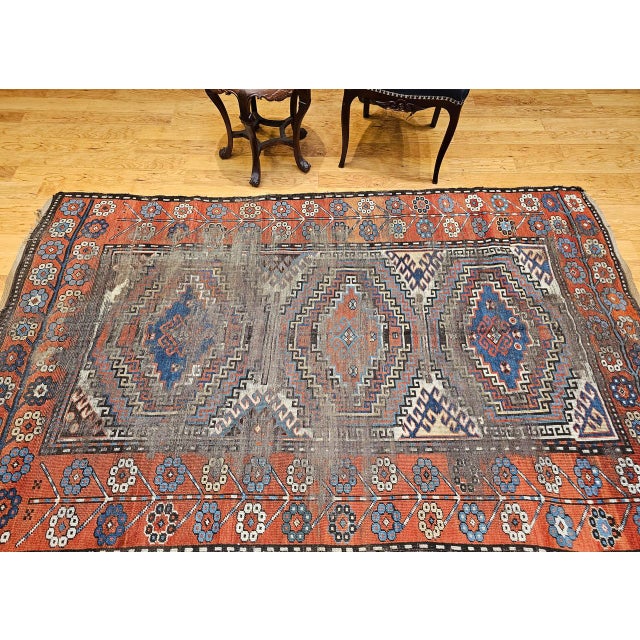 Antique Caucasian Karabagh Area Rug, Hand-Knotted Wool, Geometric Design, Ivory & Blue, 5x8 For Sale In Chicago - Image 6 of 17
