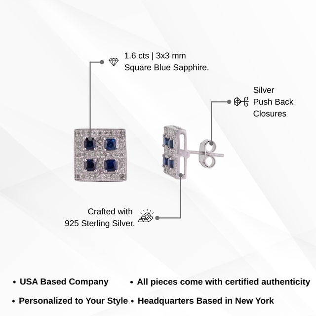 Art Deco Blue Sapphire & Diamond Square Halo Wedding Stud Earrings - 2 Pieces For Sale - Image 11 of 13