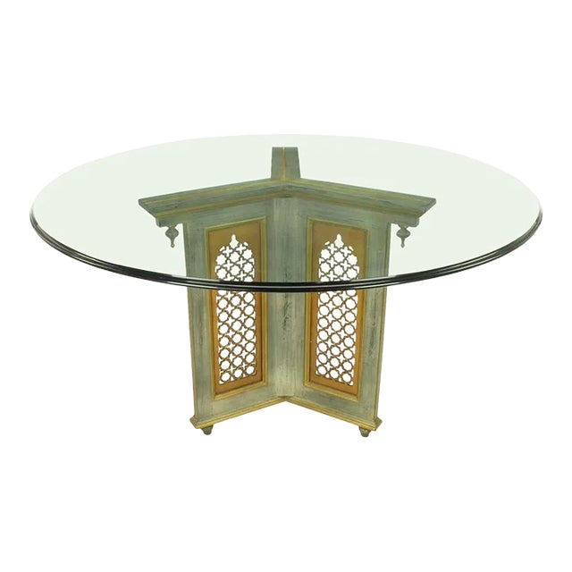 Verdigris Finish Pedestal Dining Table with Gilt Arabeque Panels For Sale