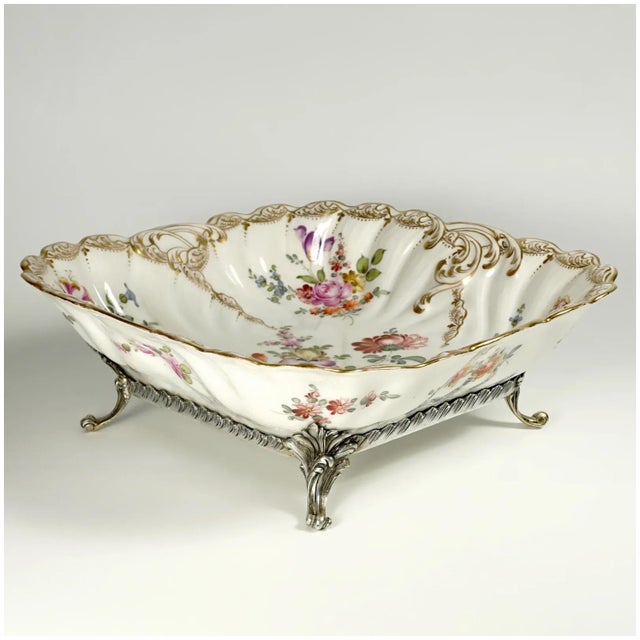 French Antique French Sterling Silver & Continental Porcelain Bowl Hand Painted Flowers Gilt Scalloped Rim For Sale - Image 3 of 11