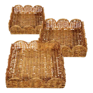 Scalloped Square Wicker Trays, Set of 3
