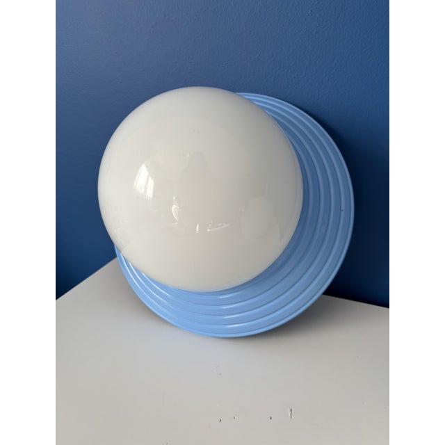 Vintage Blue Metal Wall Light with Opaline Globe 1970s Design Light Fixture For Sale - Image 6 of 9