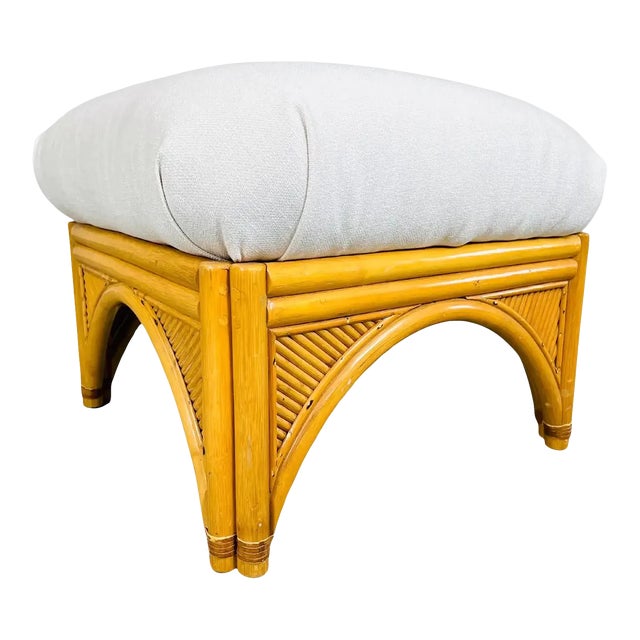 Boho Rattan Bamboo Pouf Ottoman Having Fresh Upholstery and Cushioning For Sale