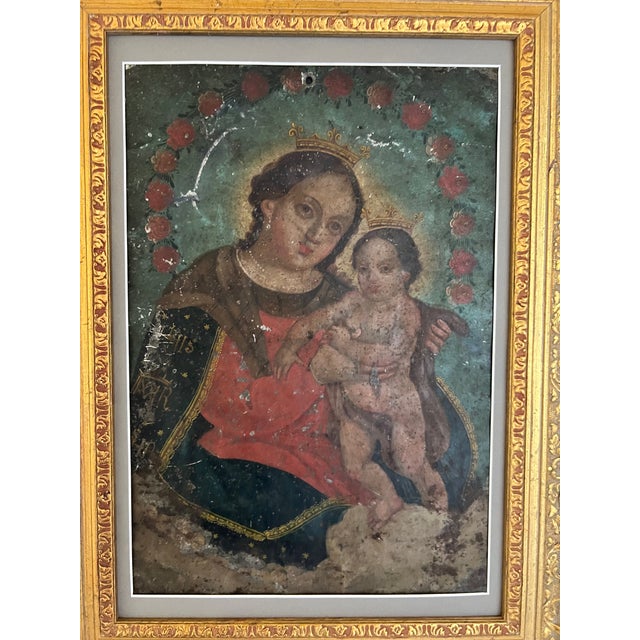 19th Century Virgin Mary and Christ Child Retablo, Oil on Tin For Sale In San Francisco - Image 6 of 13