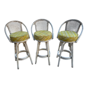 Vintage Kalp-Son Rattan Swivel Bar Stools, Set of 3, Hollywood Regency Coastal Cane Backs