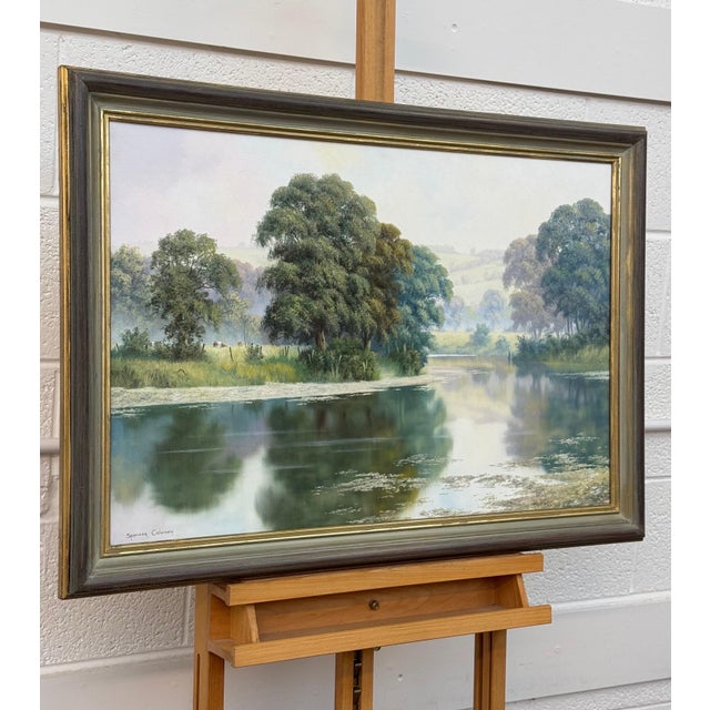Peaceful Misty Riverside in the English Countryside with Cows & Tree Reflections Circa 1990 For Sale - Image 10 of 17