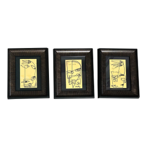 Contemporary Three Original Wayne Cunningham Abstract Marker Drawings in Striped Frames- Set of Three