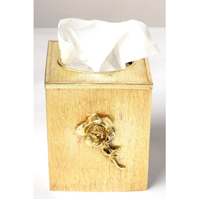 Apollo Woodwoking and Metal Corp Vintage Embossed Gold Steel Hand-Crafted Tissue Box Cover Rose Detail Brushed Brass Finish For Sale - Image 4 of 12