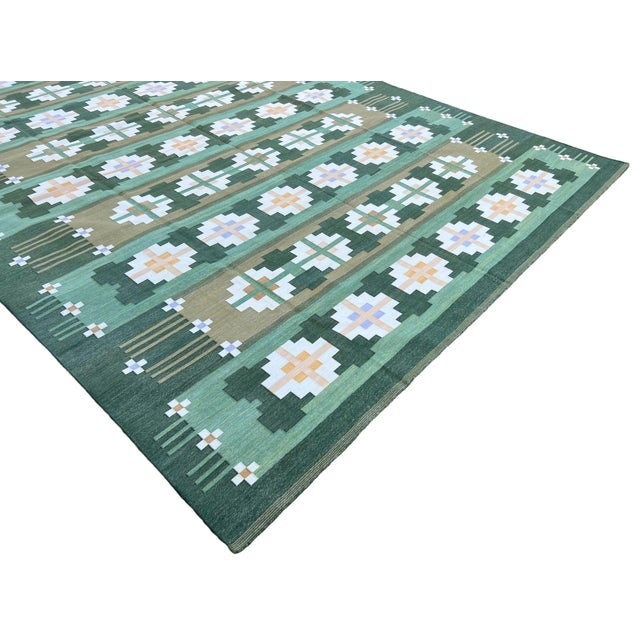 Handmade Cotton Rug, Natural Vegetable Dyed Green and Cream Geometric Rug - 10'x14' For Sale - Image 6 of 11