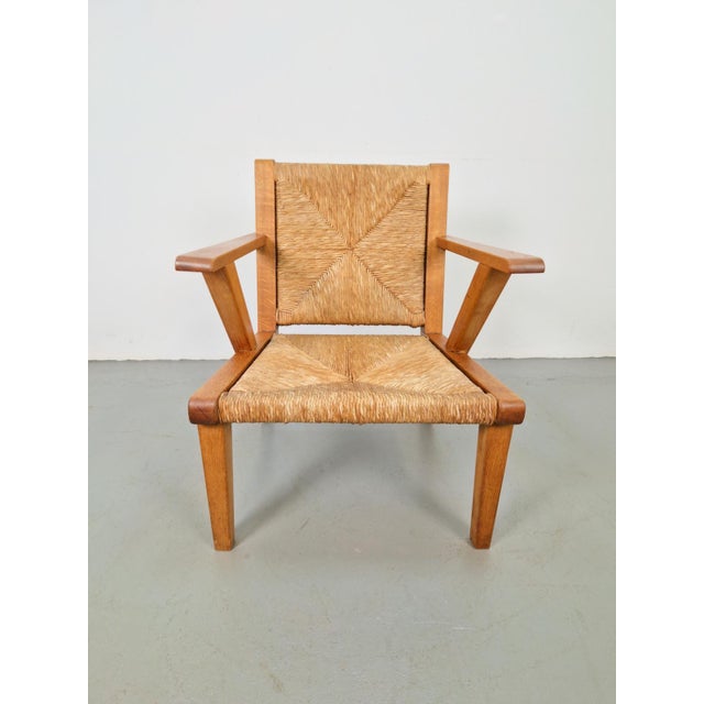 Wood Dutch Modernist Brutalist Wooden Armchair with Rush Seat, 1940s For Sale - Image 7 of 12