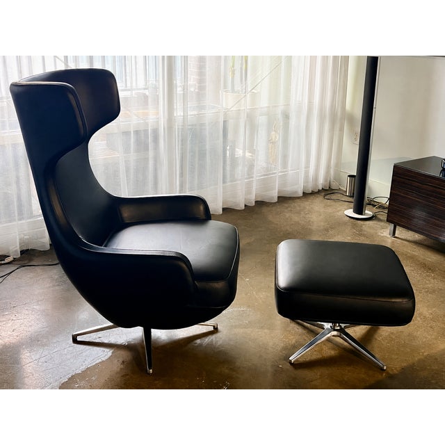2010s Cantoni Leather Recliner Lounge Chair and Ottoman Set in Genuine Top-Grain Leather With Stainless Steel Swivel Base For Sale - Image 5 of 12