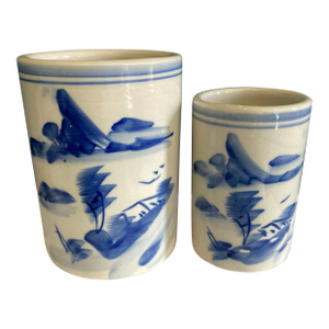 Vintage Asian Blue and White Artist Brush Crocks, a Pair